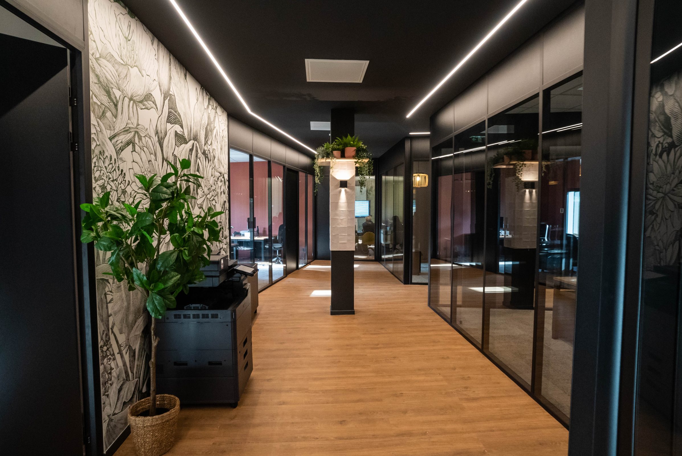 Couloir lumineux du Vigean bordé de bureaux vitrés, papier peint végétal et plantes